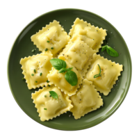 ai gerado 3d Renderização do uma italiano Ravioli dentro uma prato em transparente fundo - ai gerado png