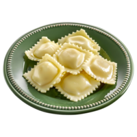 ai generiert 3d Rendern von ein Italienisch Ravioli im ein Teller auf transparent Hintergrund - - ai generiert png