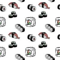 Japanese various sushi vector seamless pattern line art design on white background