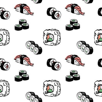 Japanese various sushi vector seamless pattern line art design on white background