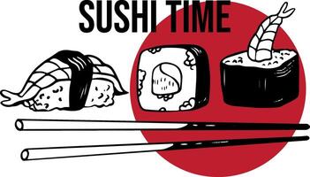 Vector sushi time hand drawn logo with plate chopsticks and spices isolated on white