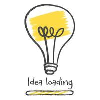 Idea loading with light bulb isolated white background. doodle style lamp bulb idea icon. Creativity and innovation concept. handrawn light bulbs. Cartoon, Vector illustration.