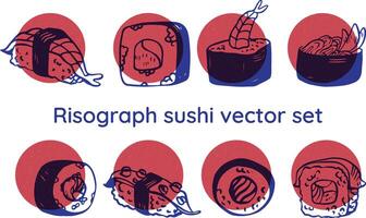 Risograph style vector set of sushi rolls maki nigiri gunkan icons isolated on white background