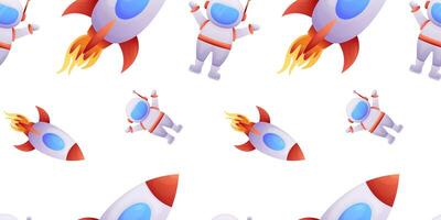 seamless pattern with cartoon space rockets and an astronaut on a white background. vector illustration of wallpaper, packaging, banner, wrapper