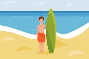 un chico con un tabla de surf en el playa. verano vacaciones. vector ilustración