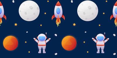 seamless pattern Cartoon rocket, astronaut, planets on a blue background with stars. vector illustration. Decorative textiles, wrapping paper, wallpaper
