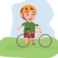 a cute boy wear in a sports uniform and helmet rides a bike in the park. vector