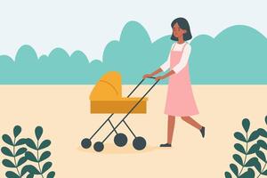 Happy mother on walk with newborn in stroller. Woman pushing pram with child in park. flat vector illustration