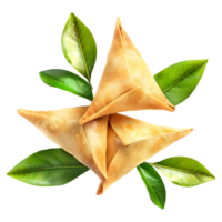 AI generated 3D Rendering of a Samosa With Leaves on Transparent Background - Ai Generated png