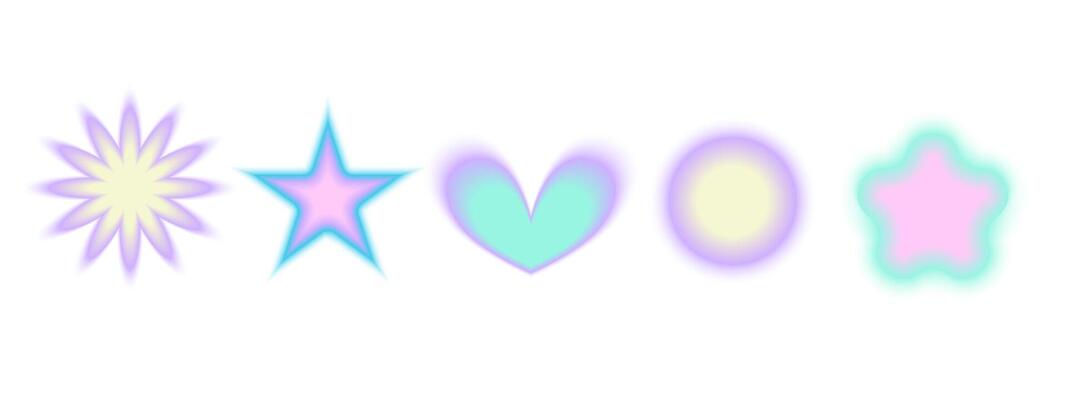 Gradient Y2k shape blur set. Flower, star, planet blurry aesthetic y2k. Vector pastel form illustration. Aura gradient shape
