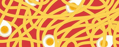 Noodle Ramen Pattern with egg background. Pasta food texture spaghetti geometric. Abstract ramen ornament. Flat vector illustration. Wave texture background