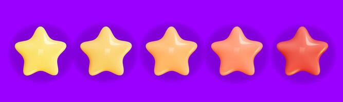 Star 3D Review plastic vector render. Set star for feedback and rank. 3d cartoon game element. Shape for app and game design. Vector illustration.