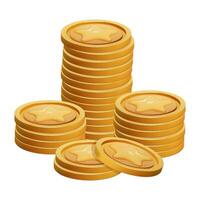 Gold Coin Stack 3d render isolated. Game Money on white background. Coin with star for game reward and prize. Vector 3d illustration.