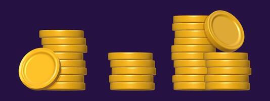 Gold Coin stack set 3d render. Game Money pile on dark background. Rotating empty coin for game reward and prize. Vector 3d illustration.