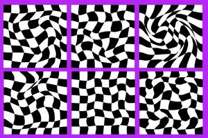 Checkerboard psychedelic pattern set black and white. Checkerboard background y2k retro grid. Psychedelic texture vector illustration.