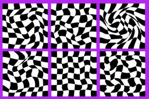 Checkerboard psychedelic pattern set black and white. Checkerboard background y2k retro grid. Psychedelic texture vector illustration.