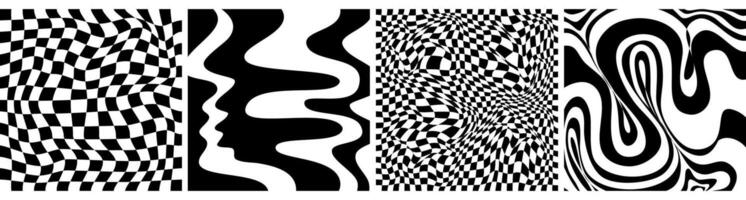 Checkerboard psychedelic pattern set black and white. Checkerboard background y2k retro grid. Psychedelic texture vector illustration.