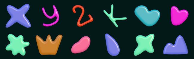 3d abstract y2k element set. Plastic colorful playful doodle shape. 3d vector render.