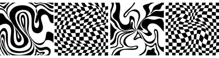 Checkerboard psychedelic pattern set black and white. Checkerboard background y2k retro grid. Psychedelic texture vector illustration.