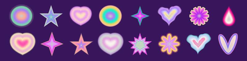 Gradient Y2K blur element set. Abstract aesthetic y2k shape blur heart, star and circle. Gradient vector illustration