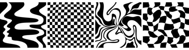 Checkerboard psychedelic pattern set black and white. Checkerboard background y2k retro grid. Psychedelic texture vector illustration.