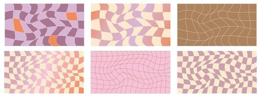 Checkerboard psychedelic pattern set beige and purple. Checkerboard background y2k retro grid. Psychedelic texture vector illustration.