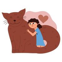 Girl hugs a big cat. Vector illustration in hand drawn style