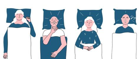 A set of people with different types of sleep disorders and one girl with healthy sleep. The concept of insomnia, snoring in sleep, apnea. Vector illustration in flat style