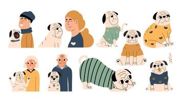 Set with a funny pug in clothes and different owners. Family with their pet. Vector illustration in flat style.