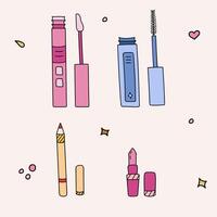 Cute doodle set with cosmetic products for make up. Mascara, lipstick and lip gloss with applicator, pencil for eyebrows and lips. Vector illustration with hand drawn outline isolated on background.