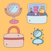 Cute doodle with set for make up. Clipart of opened and closed cosmetic bag with brush, cream and lotion, cosmetic products, funny face mirror. Vector illustration with hand drawn outline isolated.