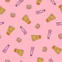 Cute simple seamless pattern with face cream in the tube, jar, bottle. Endless backdrop with skincare and cosmetic products for wrapping paper, background, fabric, scrapbook. Hand drawn doodle vector