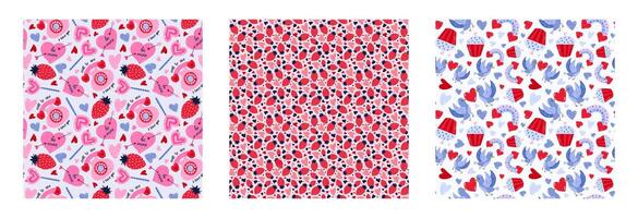 Set of romantic seamless pattern for Valentine's day. Simple print with hand drawn doodles about romance and love . Cute wallpaper print for fabric design for 14 February. Creative background vector