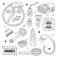 Cute hand drawn doodle set of hygiene items, bathroom and shower accessories. Products for skincare, beauty, body care, self love in trendy style. Soap, microfiber towel, shampoo, cream, duck, oil vector