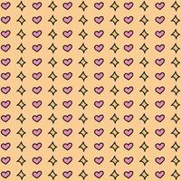 Cute seamless pattern with hearts and stars in groovy style. Geometric backdrop with retro design for wrapping, poster, fabric, scrapbook. Digital paper with simple doodle with hand drawn outline. vector
