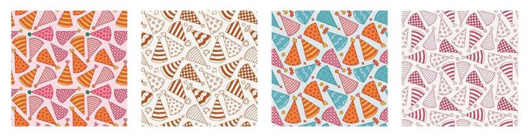 Set of seamless pattern with birthday party hats in groovy style. Childish design with holiday caps for wrapping paper, wallpaper print, background, fabric. Bright holiday digital paper for kids vector