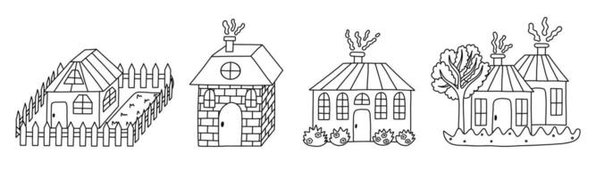 Set of cute hand drawn country house with window, chimney. Cozy village hutches with tree, fence, flowers for kid's bedroom or nursery design. Exterior of home, village buildings, countryside home vector