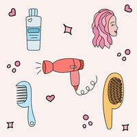 Cute doodle set with haircare products. Simple and funny clipart of women with pink hair, hair dryer, shampoo, brush and comb. Vector illustration with hand drawn outline isolated on background.