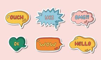 Set of stickers with trendy speech bubbles with hand drawn talk phrases in different shapes. Online chat clouds with Ok, Hello, Wow, OMG, Hi and other dialog words. Colorful doodles. vector