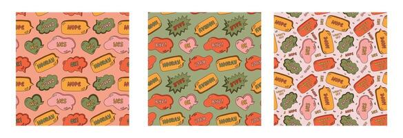 Set of cute seamless pattern with speech bubble with short messages. Backdrop with doodle chat clouds with handwritten talk phrases in different shapes. Background for design template in groovy style vector