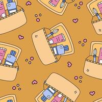 Cute simple seamless pattern with cosmetic bag with makeup and skincare products. Endless backdrop with doodle of make up bag with brush, lipgloss and lotion for wrapping paper, fabric, scrapbook vector