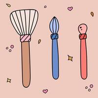 Cute doodle set with brushes for cosmetic. Make up brushes and sponge for powder, eyeshadow, face highlighter, blusher, rouge. Vector illustration with hand drawn outline.