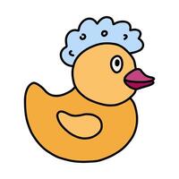 Cute yellow bath duck with a bubble on the head. Handdrawn clipart of duck toy for playing during taking a shower and bathe. Simple funny doodle with hand drawn outline isolated on white. vector