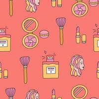 Cute simple seamless pattern with face powder, eyeshadow palette, perfume in the bottle. Endless backdrop with cosmetic products for make up for wrapping paper, fabric, scrapbook. Hand drawn doodle vector