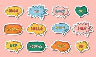 Set of stickers with trendy speech bubbles with hand drawn talk phrases in different shapes. Online chat clouds with Ok, Hello, Wow, OMG, Hi and other dialog words. Colorful doodles. vector