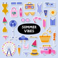Trendy set of stickers about summer holiday, tropical beach, hot summer rest for planners. Ready for print list of stickers. Hand drawn vector vacation set with seasonal drinks, entertainment, outfit