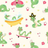 Seamless pattern cute cartoon character snake hand drawn vector