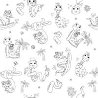 Seamless pattern color book outline cartoon character summer snake vector