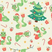 Seamless pattern cartoon character christmas snake hand drawn vector