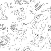 Seamless pattern outline color book cartoon character birthday snake vector